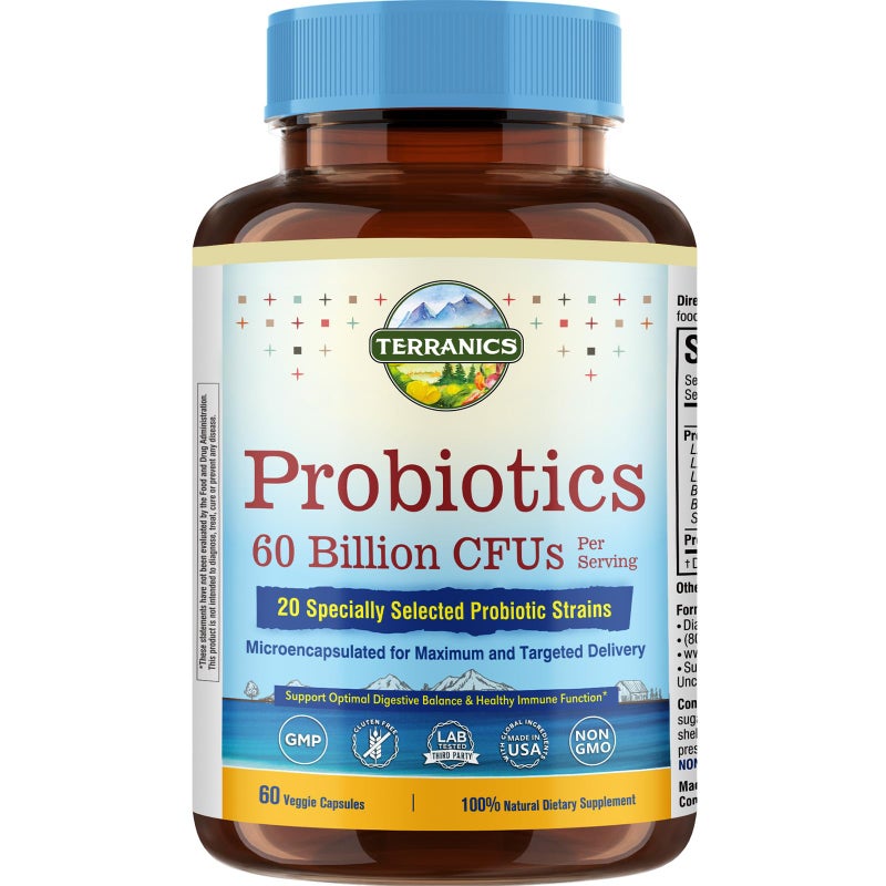 Terranics Probiotics 60 Billion CFU 20 Strains 60 Veg Capsules Prebiotics Probiotics Shelf Stable Probiotic Supplement for Men Women Digestive Immune Health NonGMO NO Soy Dairy Gluten